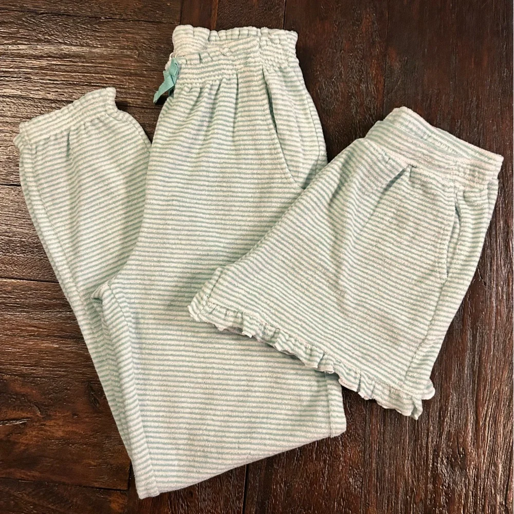 Ruffle Butts Terry Cloth Mint & White Striped Ruffle Shorts and Jogger Bundle
